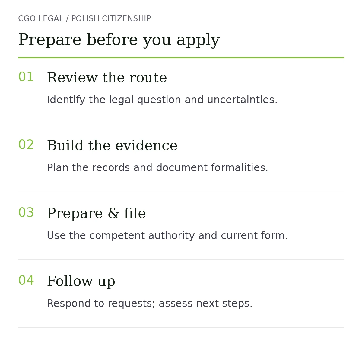 Case preparation sequence: route review, evidence planning, application and authority follow-up.